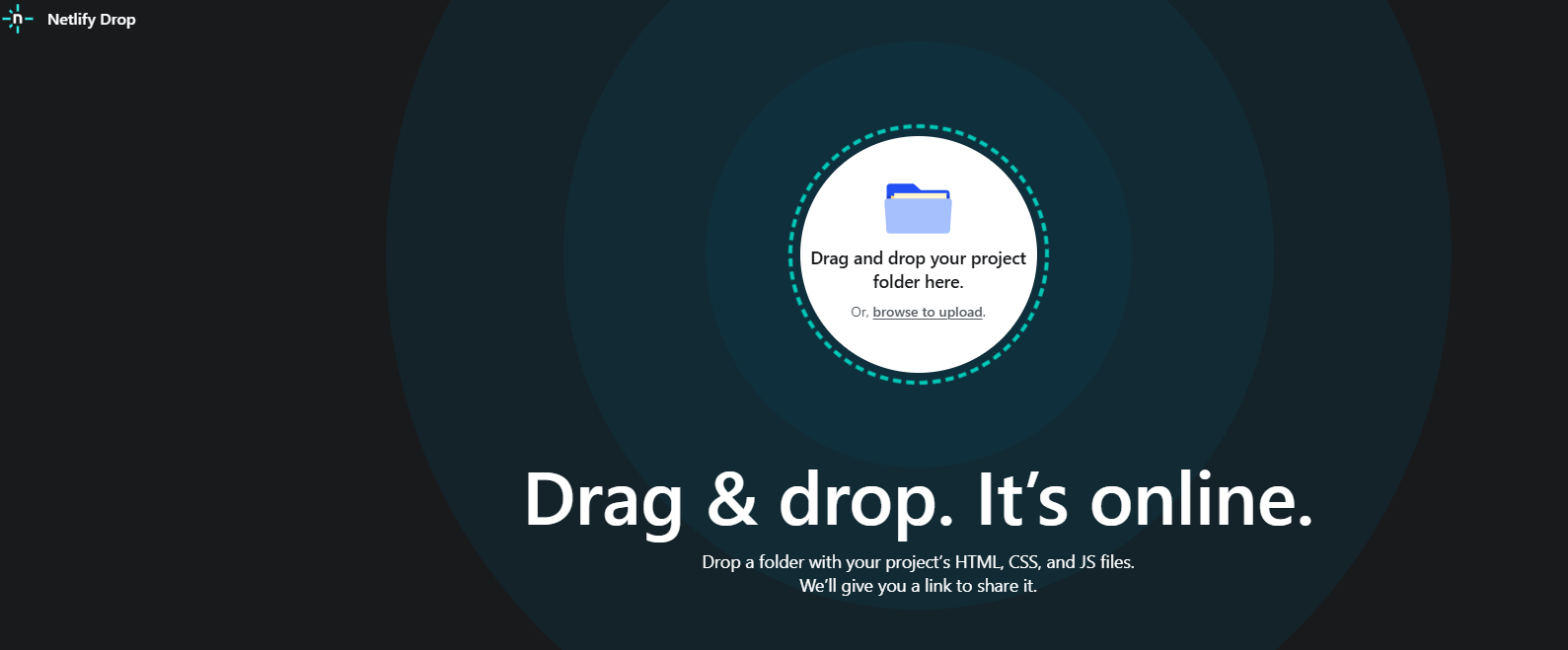 Netlify Drop page with drag-and-drop zone